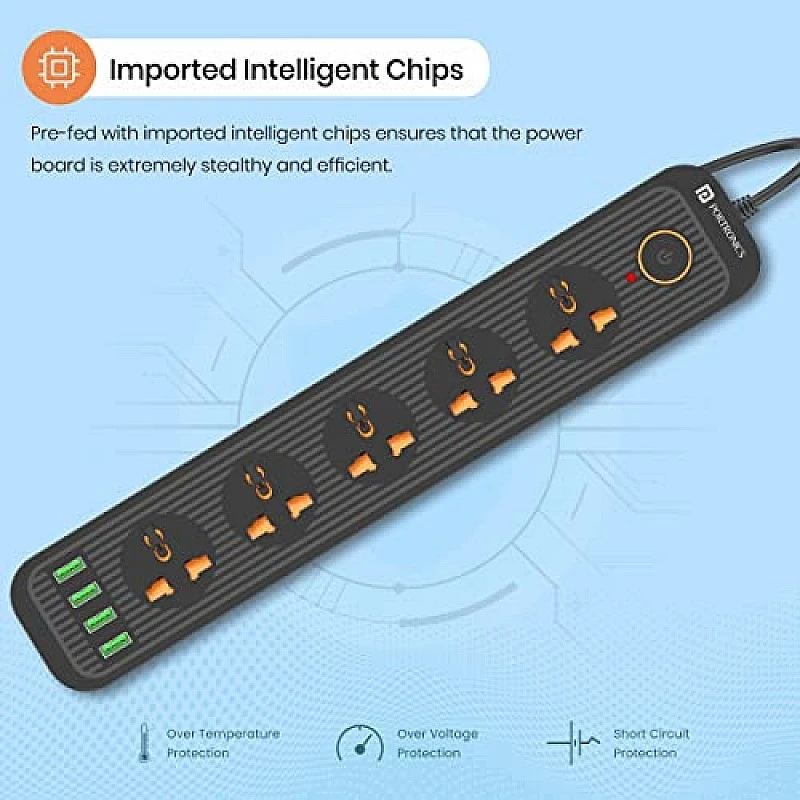 Portronics Power Plate 6 with 4 USB Port + 5 Power Sockets Extension Board, 2500W Power Converter, Cord Length 3Mtr (Black) Portronics Power Plate 6 with 4 USB Port + 5 Power Sockets Extension Board, 2500W Power Converter, Cord Length 3Mtr (Black)