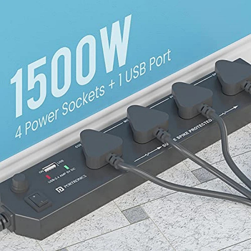 Portronics Power Plate 6 with 4 USB Port + 5 Power Sockets Extension Board, 2500W Power Converter, Cord Length 3Mtr (Black) Portronics Power Plate 6 with 4 USB Port + 5 Power Sockets Extension Board, 2500W Power Converter, Cord Length 3Mtr (Black)