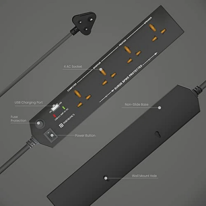 Portronics Power Plate 6 with 4 USB Port + 5 Power Sockets Extension Board, 2500W Power Converter, Cord Length 3Mtr (Black) Portronics Power Plate 6 with 4 USB Port + 5 Power Sockets Extension Board, 2500W Power Converter, Cord Length 3Mtr (Black)