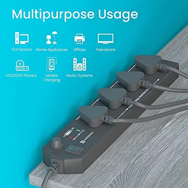 Portronics Power Plate 6 with 4 USB Port + 5 Power Sockets Extension Board, 2500W Power Converter, Cord Length 3Mtr (Black) Portronics Power Plate 6 with 4 USB Port + 5 Power Sockets Extension Board, 2500W Power Converter, Cord Length 3Mtr (Black)