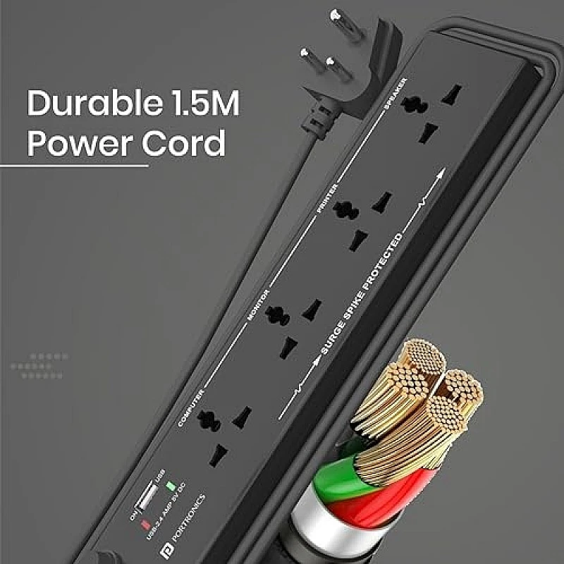 Portronics Power Plate 6 with 4 USB Port + 5 Power Sockets Extension Board, 2500W Power Converter, Cord Length 3Mtr (Black) Portronics Power Plate 6 with 4 USB Port + 5 Power Sockets Extension Board, 2500W Power Converter, Cord Length 3Mtr (Black)