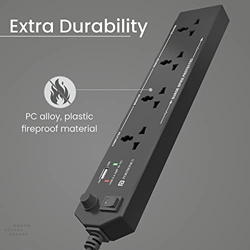 Portronics Power Plate 6 with 4 USB Port + 5 Power Sockets Extension Board, 2500W Power Converter, Cord Length 3Mtr (Black) Portronics Power Plate 6 with 4 USB Port + 5 Power Sockets Extension Board, 2500W Power Converter, Cord Length 3Mtr (Black)