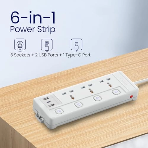 Portronics Power Plate 6 with 4 USB Port + 5 Power Sockets Extension Board, 2500W Power Converter, Cord Length 3Mtr (Black) Portronics Power Plate 6 with 4 USB Port + 5 Power Sockets Extension Board, 2500W Power Converter, Cord Length 3Mtr (Black)