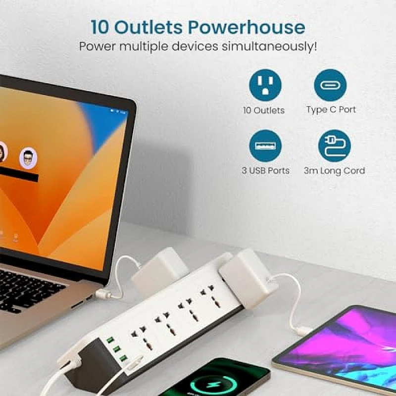 Portronics Power Plate 6 with 4 USB Port + 5 Power Sockets Extension Board, 2500W Power Converter, Cord Length 3Mtr (Black) Portronics Power Plate 6 with 4 USB Port + 5 Power Sockets Extension Board, 2500W Power Converter, Cord Length 3Mtr (Black)