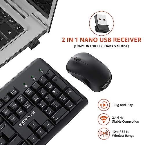 Amazon Basics Wireless Keyboard and Mouse Combo for Windows, 2.4 GHz Wireless, Spill-Resistant Design, 8 Multimedia (Black) Amazon Basics Wireless Keyboard and Mouse Combo for Windows, 2.4 GHz Wireless, Spill-Resistant Design, 8 Multimedia (Black)