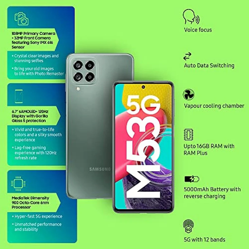 Samsung Galaxy M53 5G (Mystique Green, 6GB, 128GB Storage) 108MP sAmoled+ 120Hz 16GB RAM with RAM Plus Without Charger Samsung Galaxy M53 5G (Mystique Green, 6GB, 128GB Storage) 108MP sAmoled+ 120Hz 16GB RAM with RAM Plus Without Charger