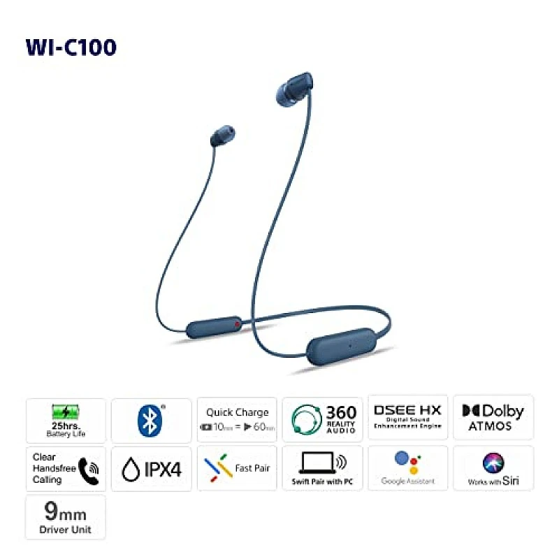 Sony WI-C100 Wireless Headphones with Customizable Equalizer for Deep Bass and 25 Hrs Battery Blue Sony WI-C100 Wireless Headphones with Customizable Equalizer for Deep Bass and 25 Hrs Battery Blue