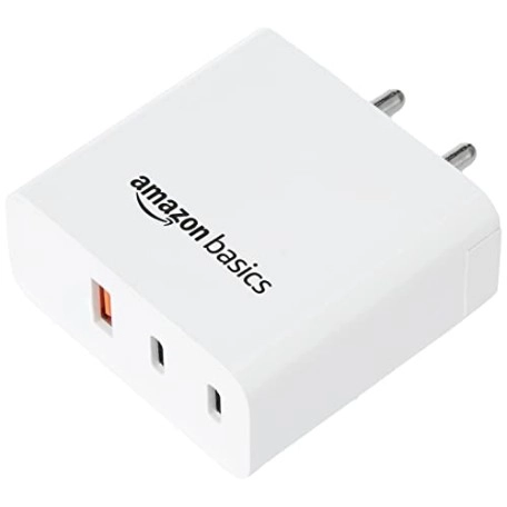 Amazon Basics High Power 65W Mobile/Laptop Charger Dual Port Output with Type-C Charging Cable (White)
