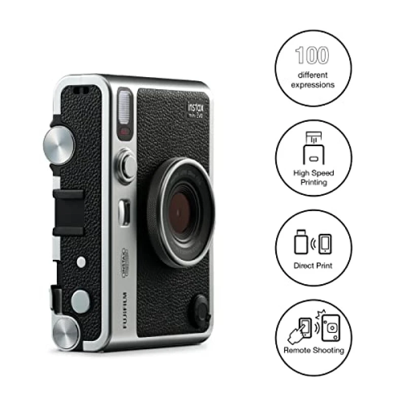 Fujifilm Instax Mini Evo Hybrid Camera Premium Edition with 20 Shots of Stone Gray Film and 100 Different Expressions-(Black) Fujifilm Instax Mini Evo Hybrid Camera Premium Edition with 20 Shots of Stone Gray Film and 100 Different Expressions-(Black)