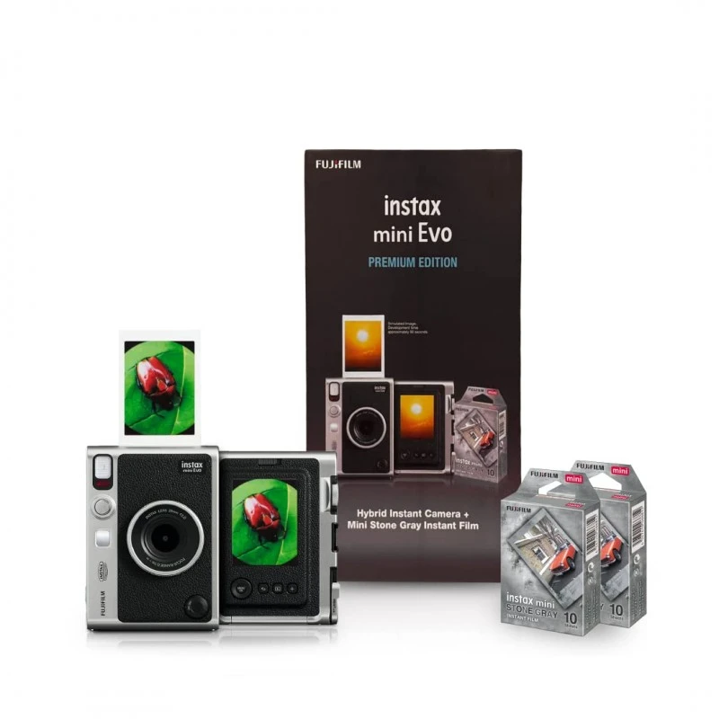Fujifilm Instax Mini Evo Hybrid Camera Premium Edition with 20 Shots of Stone Gray Film and 100 Different Expressions-(Black) Fujifilm Instax Mini Evo Hybrid Camera Premium Edition with 20 Shots of Stone Gray Film and 100 Different Expressions-(Black)