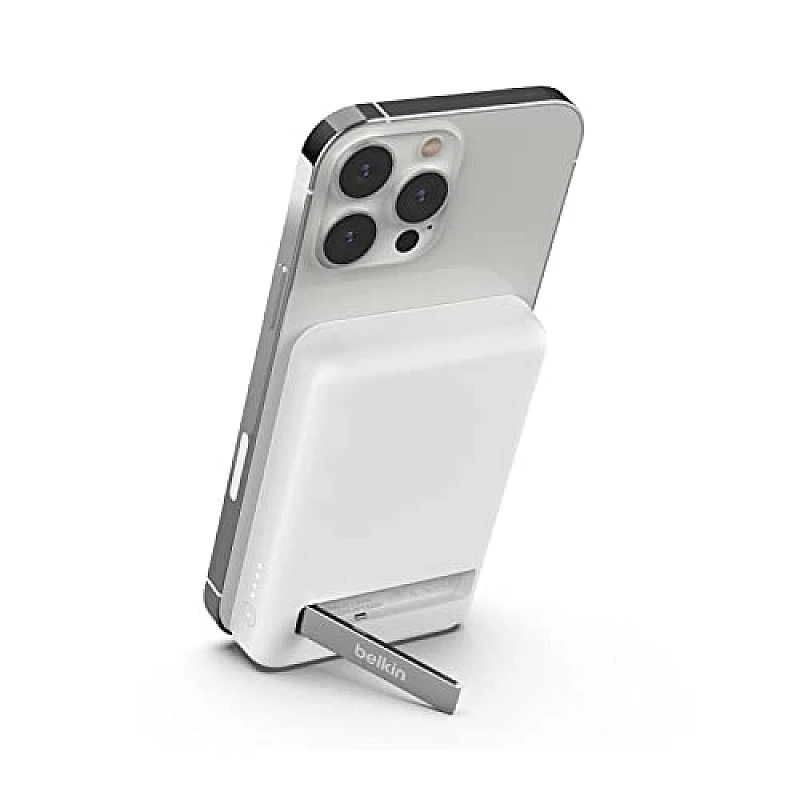 Belkin 5000 mAh Magnetic MagSafe Compatible Wireless Power Bank with Stand, Sleek Design for iPhone 15, 14, 13 and 12 Series, White Belkin 5000 mAh Magnetic MagSafe Compatible Wireless Power Bank with Stand, Sleek Design for iPhone 15, 14, 13 and 12 Series, White