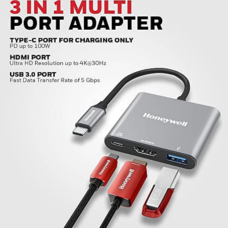 Honeywell High-Speed 3-in-1 Type C to HDMI Adapter, PD Charging Upto100W, USB3.0 Delivers Quick Transfer Speed of 5GBPS, UHD 4K@30Hz Honeywell High-Speed 3-in-1 Type C to HDMI Adapter, PD Charging Upto100W, USB3.0 Delivers Quick Transfer Speed of 5GBPS, UHD 4K@30Hz