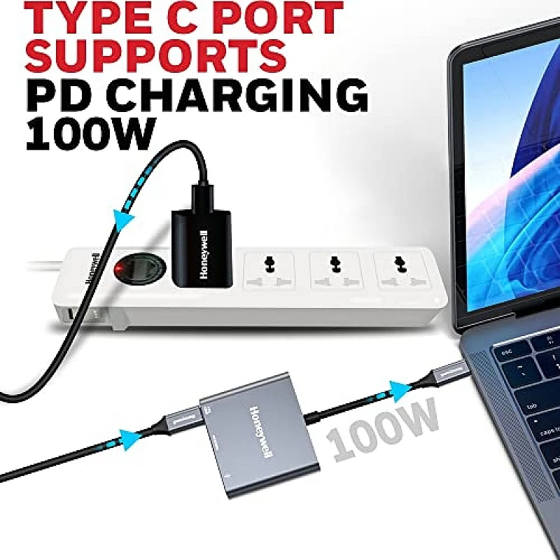Honeywell High-Speed 3-in-1 Type C to HDMI Adapter, PD Charging Upto100W, USB3.0 Delivers Quick Transfer Speed of 5GBPS, UHD 4K@30Hz Honeywell High-Speed 3-in-1 Type C to HDMI Adapter, PD Charging Upto100W, USB3.0 Delivers Quick Transfer Speed of 5GBPS, UHD 4K@30Hz