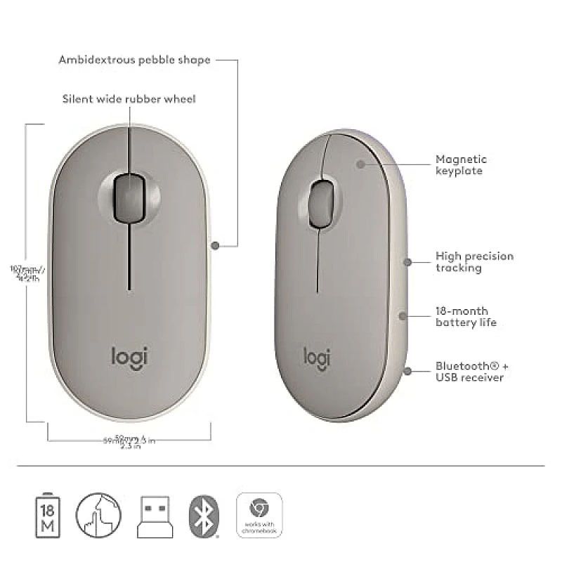 Logitech Pebble Wireless Mouse with Bluetooth or 2.4 GHz Receiver, Silent, Slim Computer Mouse Sand Logitech Pebble Wireless Mouse with Bluetooth or 2.4 GHz Receiver, Silent, Slim Computer Mouse Sand