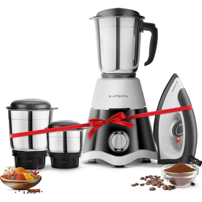 Longway Super Dlx 700 Watt Mixer Grinder with 3 Jars for Grinding, Mixing with 1100 Watt Dry Iron Black And Gray Longway Super Dlx 700 Watt Mixer Grinder with 3 Jars for Grinding, Mixing with 1100 Watt Dry Iron Black And Gray