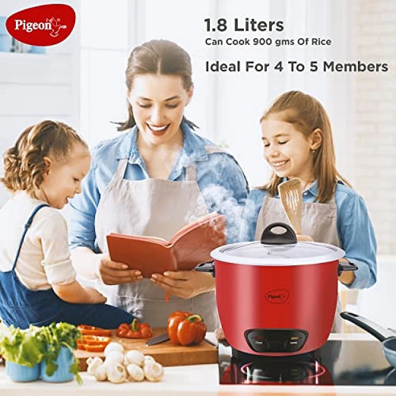Pigeon by Stovekraft Ruby Rice Cooker with Single pot, 1.8 litres.(Red) Toughened Glass Lid 700 Watts 2 Aluminium Cooking Pot Pigeon by Stovekraft Ruby Rice Cooker with Single pot, 1.8 litres.(Red) Toughened Glass Lid 700 Watts 2 Aluminium Cooking Pot