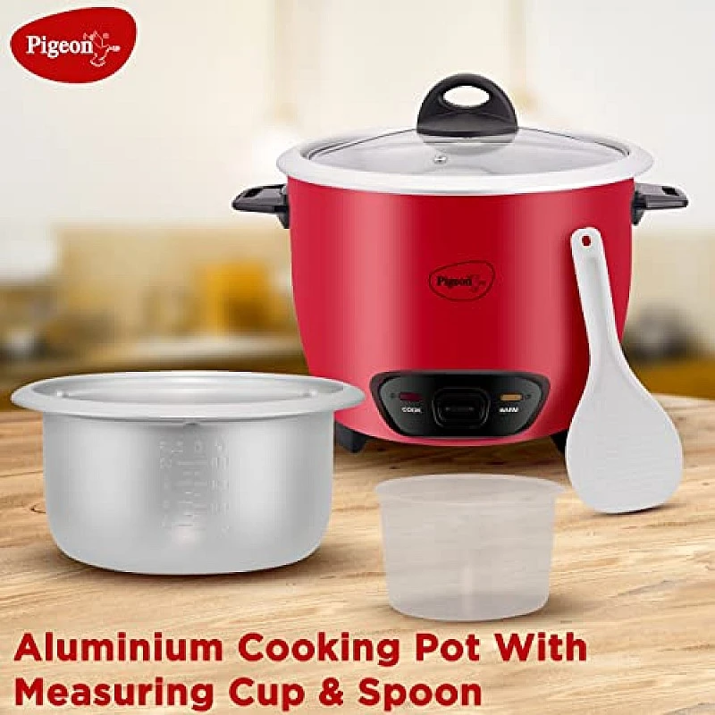 Pigeon by Stovekraft Ruby Rice Cooker with Single pot, 1.8 litres.(Red) Toughened Glass Lid 700 Watts 2 Aluminium Cooking Pot Pigeon by Stovekraft Ruby Rice Cooker with Single pot, 1.8 litres.(Red) Toughened Glass Lid 700 Watts 2 Aluminium Cooking Pot