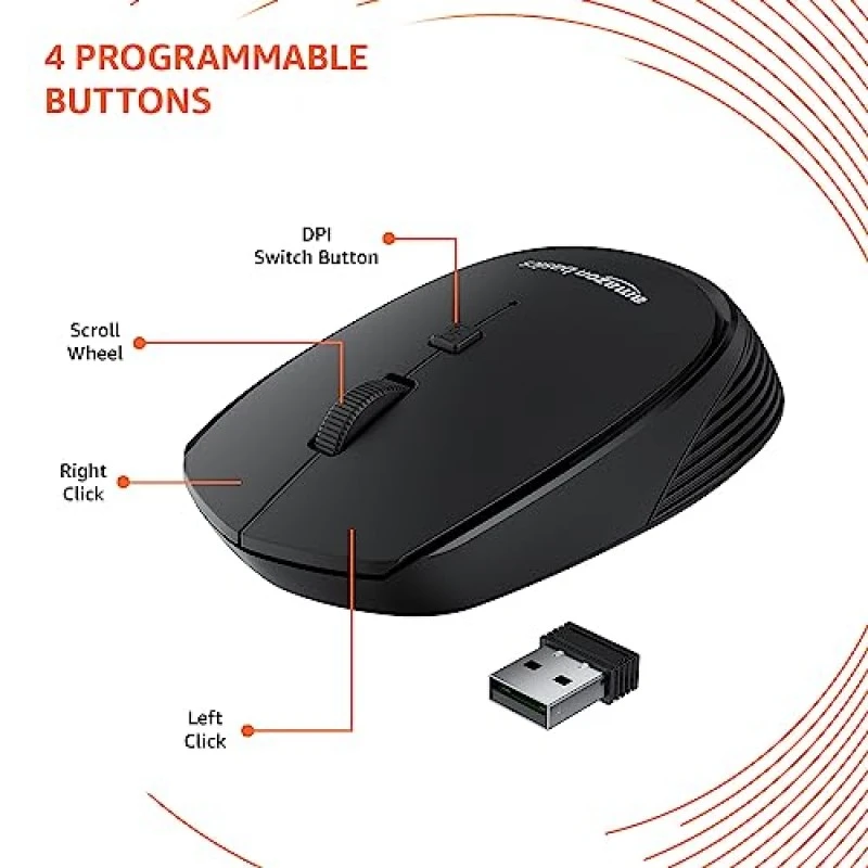 Amazon Basics Wireless Optical Mouse with 2.4Ghz, USB Nano Dongle, Optical Orientation, Click Wheel, Adjustable Dpi Black Amazon Basics Wireless Optical Mouse with 2.4Ghz, USB Nano Dongle, Optical Orientation, Click Wheel, Adjustable Dpi Black