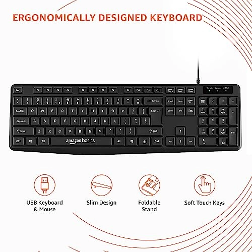 Amazon Basics Wired Keyboard and Mouse Combo l 1200 DPI l for Windows, Mac OS Computer