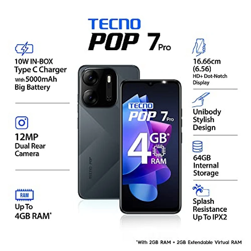 TECNO POP 7 Pro (Endless Black, 3GB RAM,64GB Storage) (Refurbished)