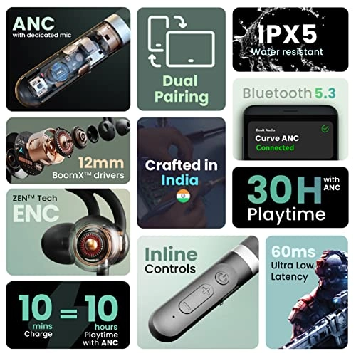 Boult Audio Curve ANC Wireless in Ear Wireless Earphones with 25dB Active Noise Cancellation, ENC Mic, 30H Playtime, 60ms (Black) Boult Audio Curve ANC Wireless in Ear Wireless Earphones with 25dB Active Noise Cancellation, ENC Mic, 30H Playtime, 60ms (Black)