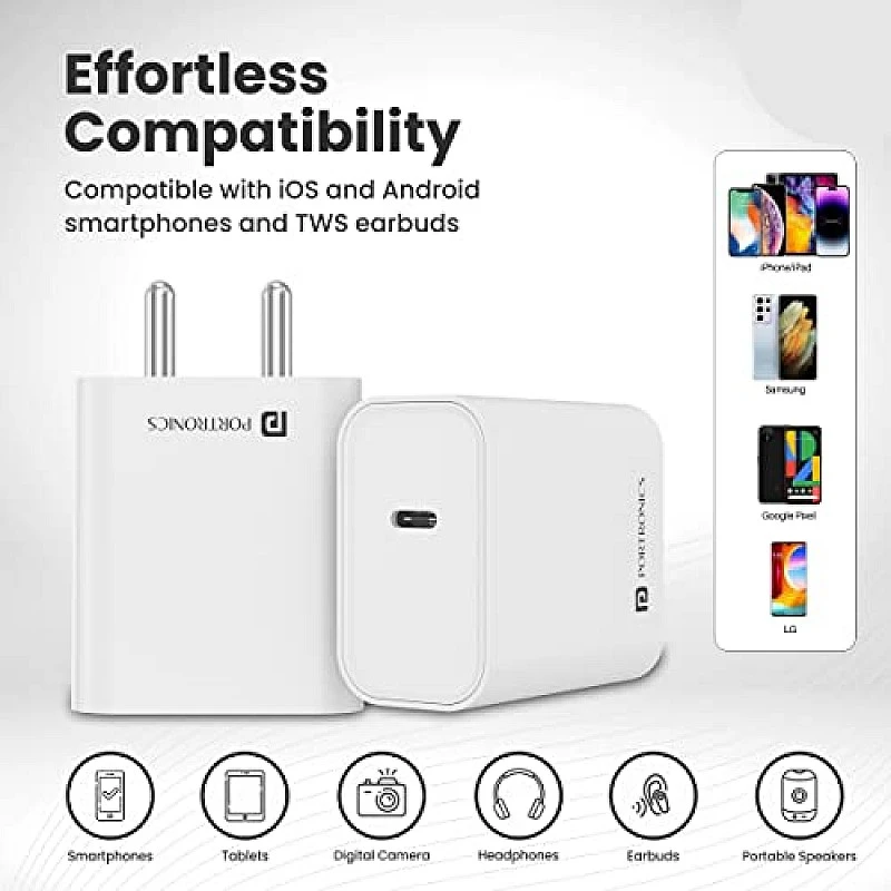 Portronics Adapto 70 33W Fast Wall Charging Adapter, Supports PPS Charging Via Type C Power Delivery & Mach USB Charger WHITE Portronics Adapto 70 33W Fast Wall Charging Adapter, Supports PPS Charging Via Type C Power Delivery & Mach USB Charger WHITE
