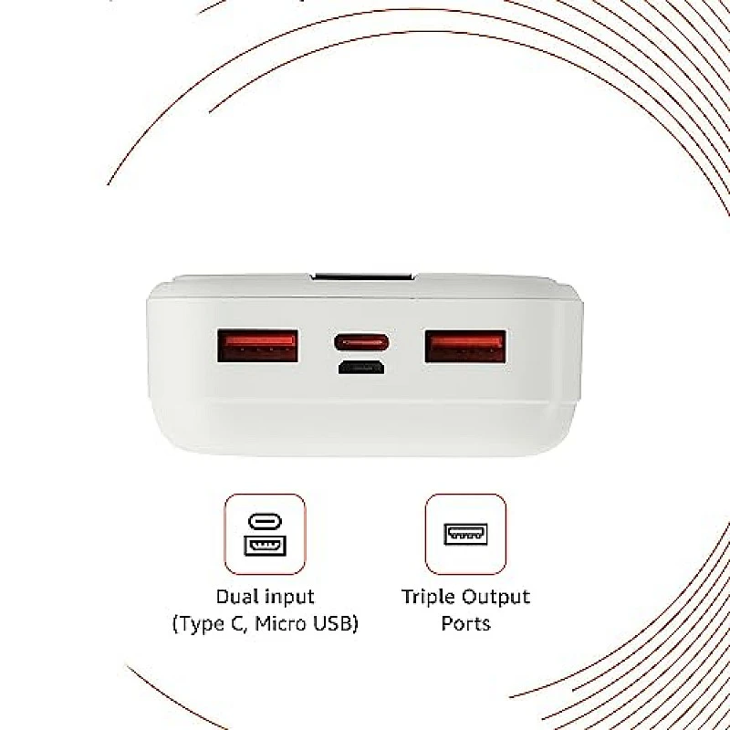 Amazon Basics 20000 mAh 22.5W Fast Charging Lithium Polymer Power Bank with Type C Cable Dual Input, Triple Output White Amazon Basics 20000 mAh 22.5W Fast Charging Lithium Polymer Power Bank with Type C Cable Dual Input, Triple Output White