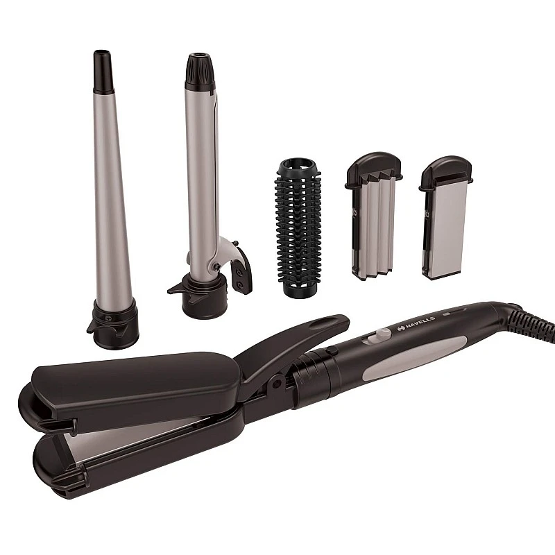 Havells 5-in-1 Multi Styling Kit Straightener, Curler, Crimper, Conical Curler and Volume Brush for Multiple Hair Styles Silver Black HC4045 Havells 5-in-1 Multi Styling Kit Straightener, Curler, Crimper, Conical Curler and Volume Brush for Multiple Hair Styles Silver Black HC4045