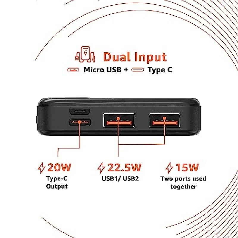Airtree 10000mAh 22.5W Lithium-Polymer Power Bank Triple Output Fast Charging, Black, Type-C Cable Included Airtree 10000mAh 22.5W Lithium-Polymer Power Bank Triple Output Fast Charging, Black, Type-C Cable Included