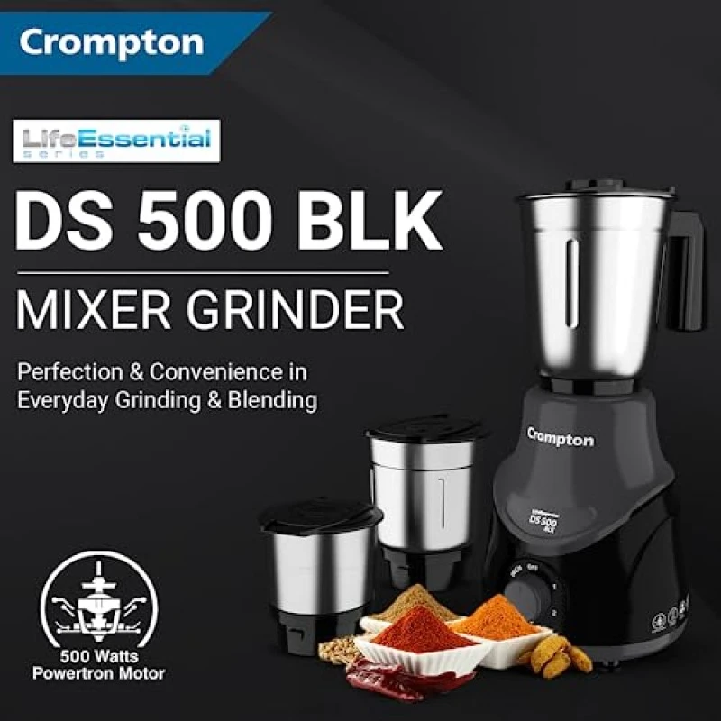 Crompton DS 500 BLK 500-Watt Mixer Grinder with Powertron Motor Motor Vent-X Technology (3 Stainless Steel Jars, Black Grey Crompton DS 500 BLK 500-Watt Mixer Grinder with Powertron Motor Motor Vent-X Technology (3 Stainless Steel Jars, Black Grey