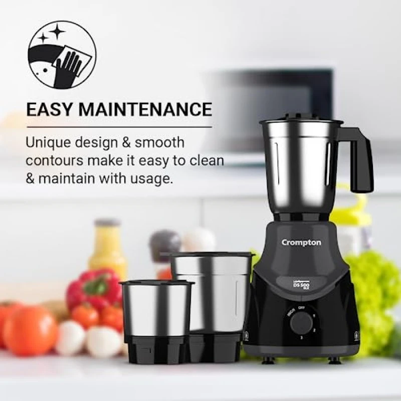 Crompton DS 500 BLK 500-Watt Mixer Grinder with Powertron Motor Motor Vent-X Technology (3 Stainless Steel Jars, Black Grey Crompton DS 500 BLK 500-Watt Mixer Grinder with Powertron Motor Motor Vent-X Technology (3 Stainless Steel Jars, Black Grey