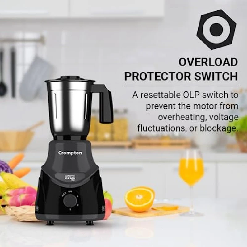 Crompton DS 500 BLK 500-Watt Mixer Grinder with Powertron Motor Motor Vent-X Technology (3 Stainless Steel Jars, Black Grey Crompton DS 500 BLK 500-Watt Mixer Grinder with Powertron Motor Motor Vent-X Technology (3 Stainless Steel Jars, Black Grey