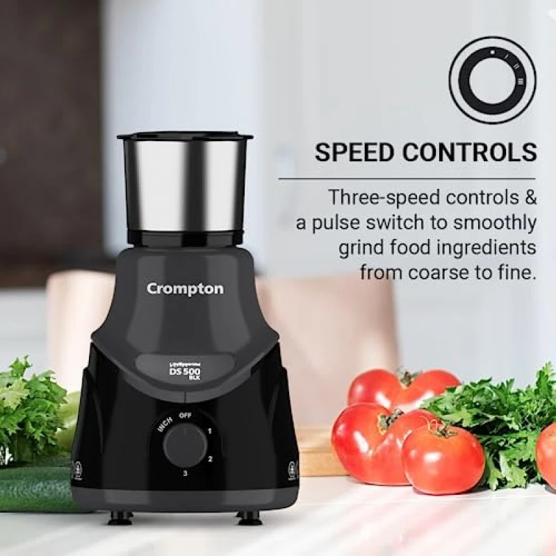 Crompton DS 500 BLK 500-Watt Mixer Grinder with Powertron Motor Motor Vent-X Technology (3 Stainless Steel Jars, Black Grey Crompton DS 500 BLK 500-Watt Mixer Grinder with Powertron Motor Motor Vent-X Technology (3 Stainless Steel Jars, Black Grey