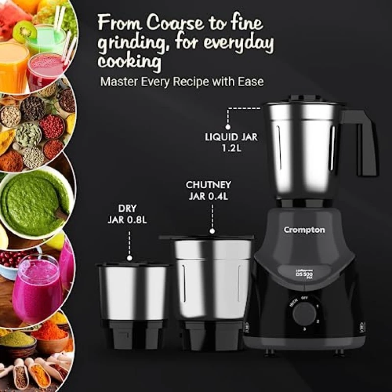 Crompton DS 500 BLK 500-Watt Mixer Grinder with Powertron Motor Motor Vent-X Technology (3 Stainless Steel Jars, Black Grey Crompton DS 500 BLK 500-Watt Mixer Grinder with Powertron Motor Motor Vent-X Technology (3 Stainless Steel Jars, Black Grey