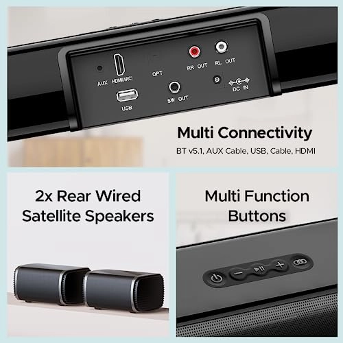 boAt Aavante Bar 2400 5.1CH Soundbar with 180W RMS, Wired Subwoofer, 2 Rear Satellites, Signature Sound (Premium Black) boAt Aavante Bar 2400 5.1CH Soundbar with 180W RMS, Wired Subwoofer, 2 Rear Satellites, Signature Sound (Premium Black)