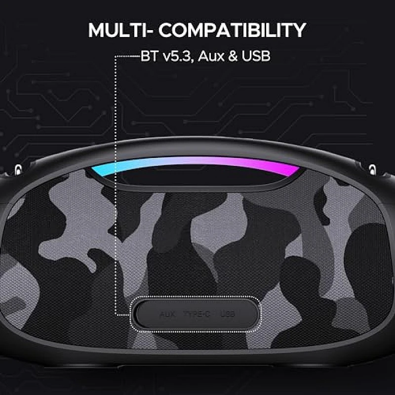 boAt Stone 1800 Bluetooth Speaker with 90 W RMS Sound, RGB LEDs, EQ Modes Camo Black boAt Stone 1800 Bluetooth Speaker with 90 W RMS Sound, RGB LEDs, EQ Modes Camo Black