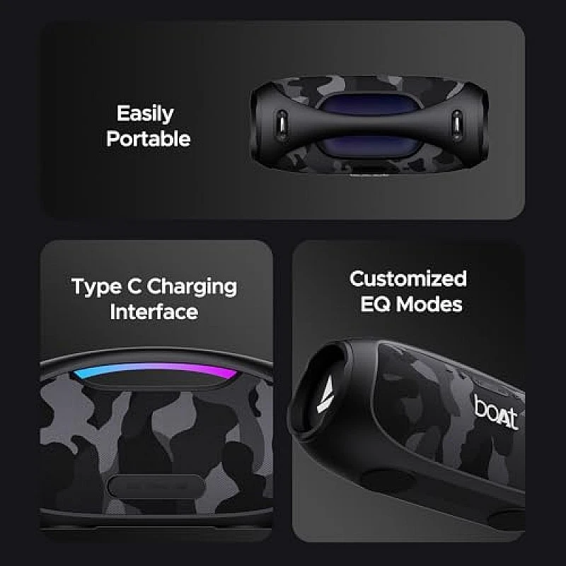 boAt Stone 1800 Bluetooth Speaker with 90 W RMS Sound, RGB LEDs, EQ Modes Camo Black boAt Stone 1800 Bluetooth Speaker with 90 W RMS Sound, RGB LEDs, EQ Modes Camo Black