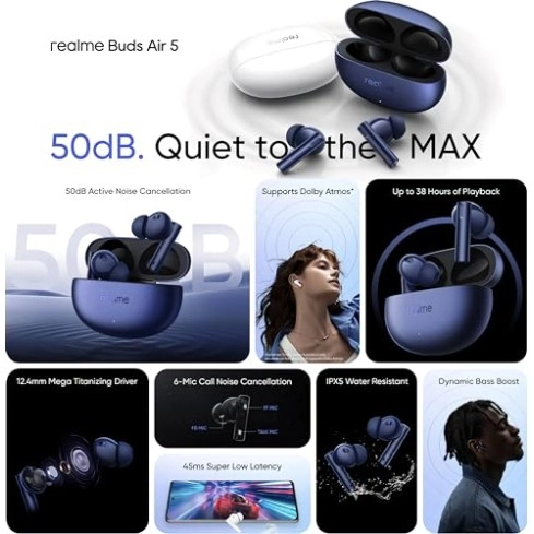 realme Buds Air 5 Truly Wireless in-Ear Earbuds with 50dB ANC, 12.4mm Mega Titanized Dynamic Bass Driver (Deep Sea Blue) realme Buds Air 5 Truly Wireless in-Ear Earbuds with 50dB ANC, 12.4mm Mega Titanized Dynamic Bass Driver (Deep Sea Blue)