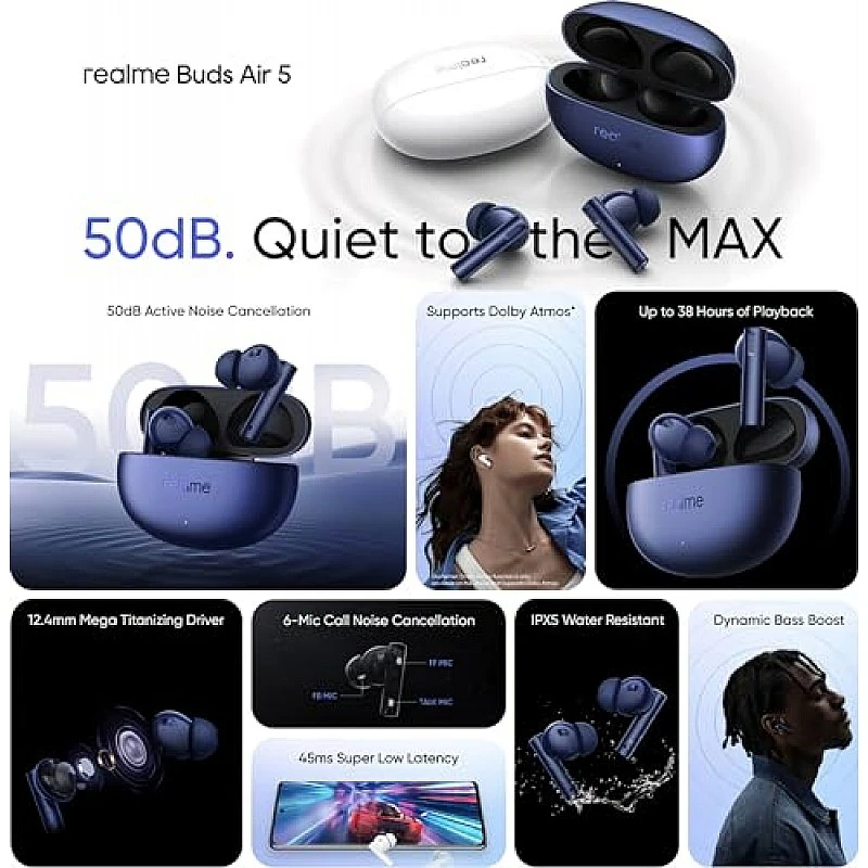 realme Buds Air 5 Truly Wireless in-Ear Earbuds with 50dB ANC, 12.4mm Mega Titanized Dynamic Bass Driver (Deep Sea Blue) realme Buds Air 5 Truly Wireless in-Ear Earbuds with 50dB ANC, 12.4mm Mega Titanized Dynamic Bass Driver (Deep Sea Blue)