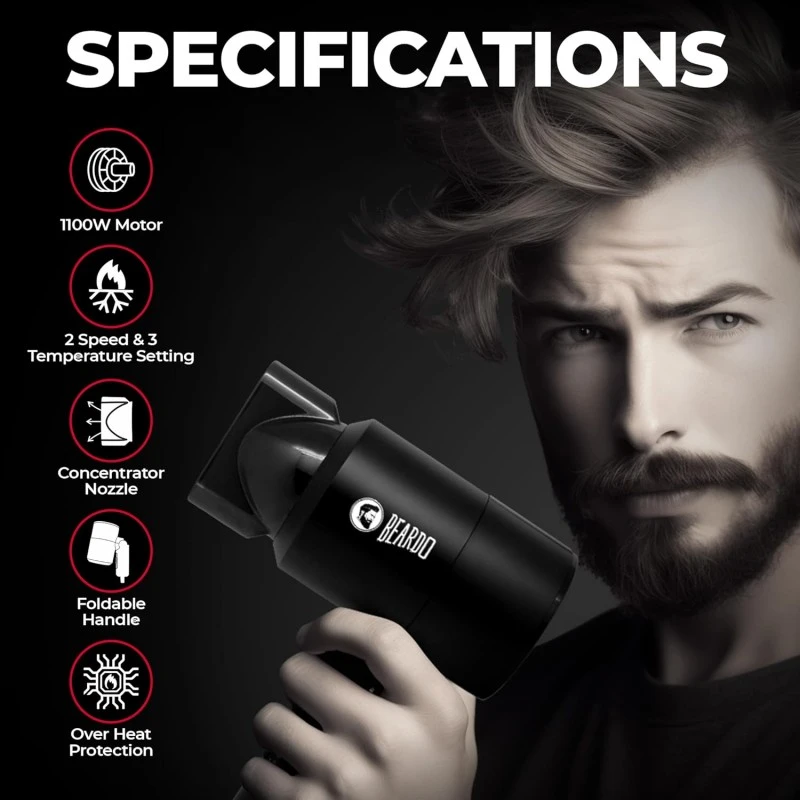 BEARDO Styling Gun Ultra Compact Hair Dryer | 1100 Watts Foldable Hair Dryer | 3 Heat 2 Speed Setting | Hair Dryer For Men | Travel Friendly | Stylish Matte Black Finish | Gift For Brother | Gift For Friends BEARDO Styling Gun Ultra Compact Hair Dryer | 1100 Watts Foldable Hair Dryer | 3 Heat 2 Speed Setting | Hair Dryer For Men | Travel Friendly | Stylish Matte Black Finish | Gift For Brother | Gift For Friends