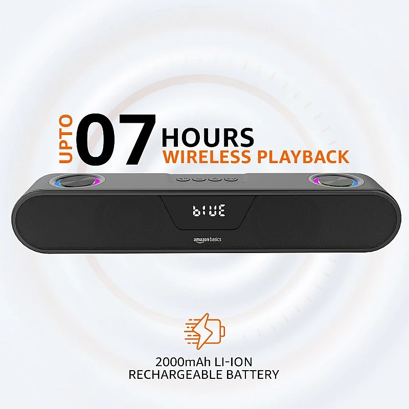 amazon basics 20W Bluetooth Soundbar Speaker with 2000mah Battery, BT v5.1, Aux, USB Port, LED Display and RGB Party Lights amazon basics 20W Bluetooth Soundbar Speaker with 2000mah Battery, BT v5.1, Aux, USB Port, LED Display and RGB Party Lights