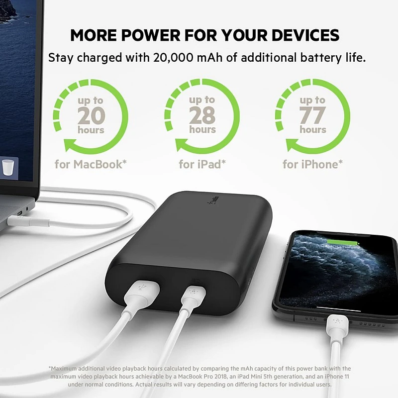 Belkin 20000 mAh 30W PD Power Bank for MacBook, Mobiles and Tablets with USB-C Port, USB-C Cable Included - Black Belkin 20000 mAh 30W PD Power Bank for MacBook, Mobiles and Tablets with USB-C Port, USB-C Cable Included - Black