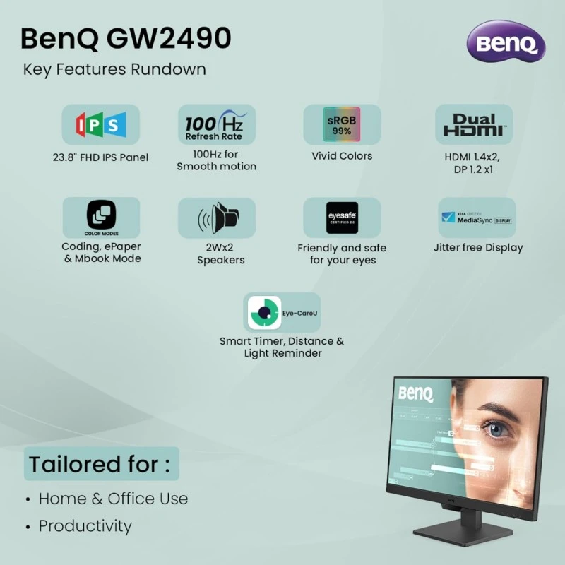 BenQ GW2490 24" 1920x1080p FHD IPS Monitor| 100Hz|99% sRGB|Eye-careU|Dual HDMI|Display Port|Bezel-Less|Eyesafe|VESA MediaSync|B.I.|Low Blue Light+| Speakers|VESA Wall mountable(Black) BenQ GW2490 24" 1920x1080p FHD IPS Monitor| 100Hz|99% sRGB|Eye-careU|Dual HDMI|Display Port|Bezel-Less|Eyesafe|VESA MediaSync|B.I.|Low Blue Light+| Speakers|VESA Wall mountable(Black)