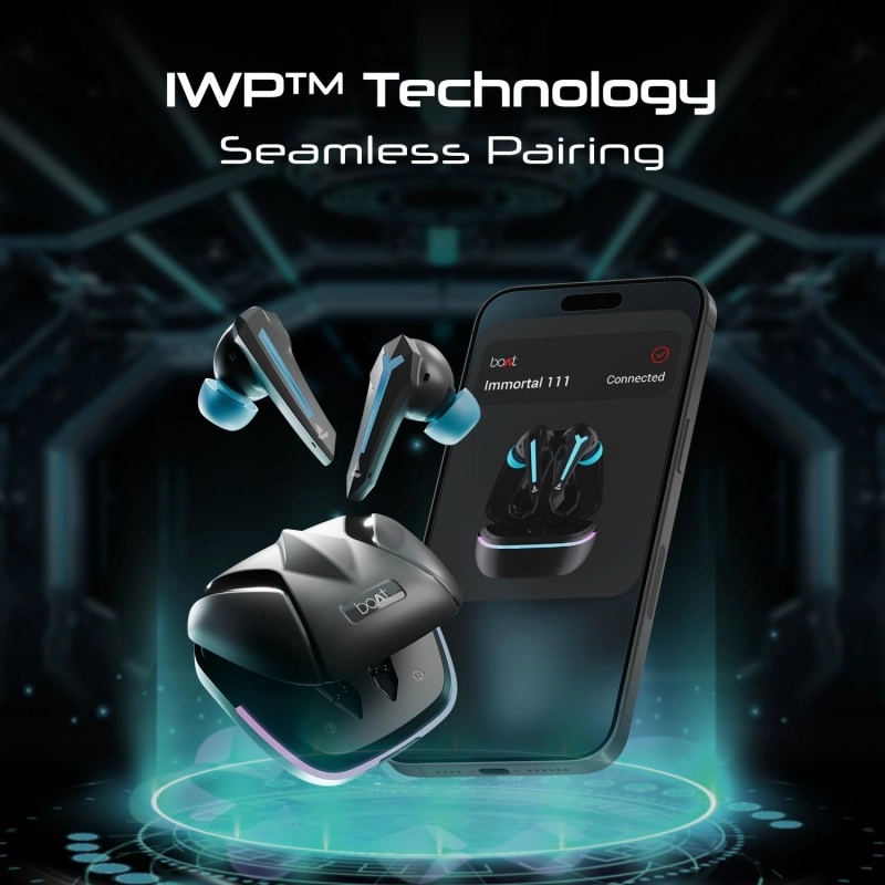 Boat Immortal 111, 40HRS Battery, 40ms Super Low Latency, RGB LEDs, 4Mics ENx Tech, Fast Charge, IPX4, v5.3 Bluetooth Earbuds, TWS Ear Buds Wireless Earphones with mic, Gaming Earbuds (Black Sabre)