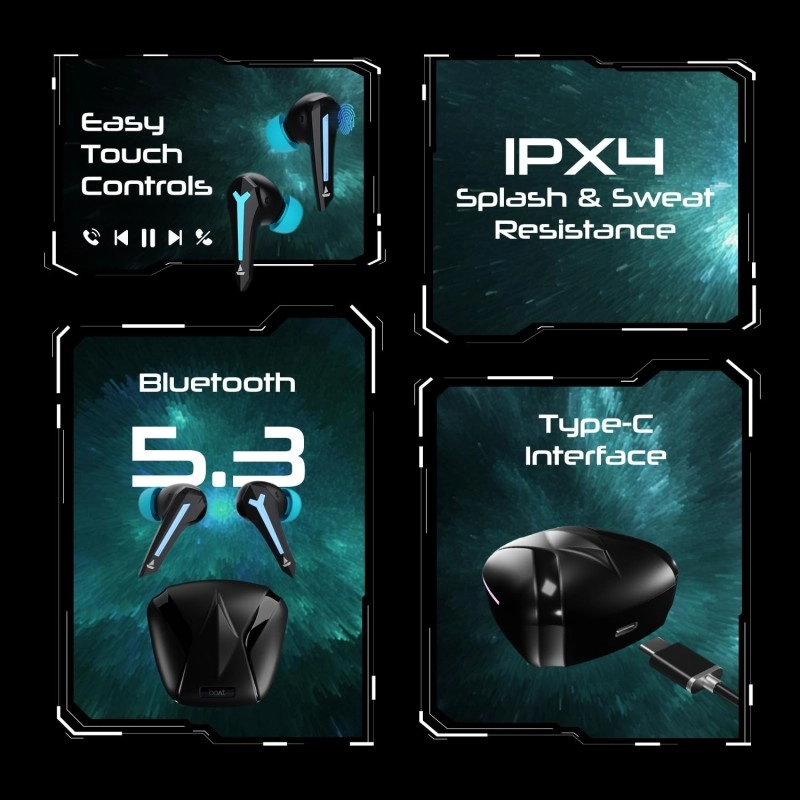 Boat Immortal 111, 40HRS Battery, 40ms Super Low Latency, RGB LEDs, 4Mics ENx Tech, Fast Charge, IPX4, v5.3 Bluetooth Earbuds, TWS Ear Buds Wireless Earphones with mic, Gaming Earbuds (Black Sabre)
