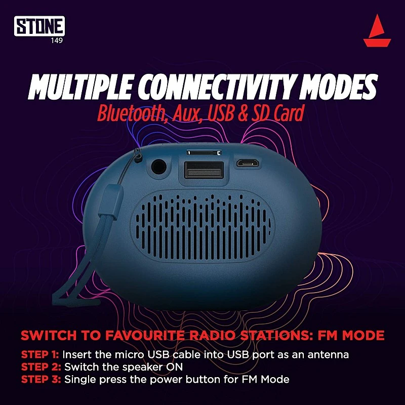 Boat Stone 149 Portable Wireless Speaker with 3W Immersive Audio, Bluetooth V5.0, Up to 6H Playback, Multiple Connectivity Modes and FM Mode (Blue) Boat Stone 149 Portable Wireless Speaker with 3W Immersive Audio, Bluetooth V5.0, Up to 6H Playback, Multiple Connectivity Modes and FM Mode (Blue)