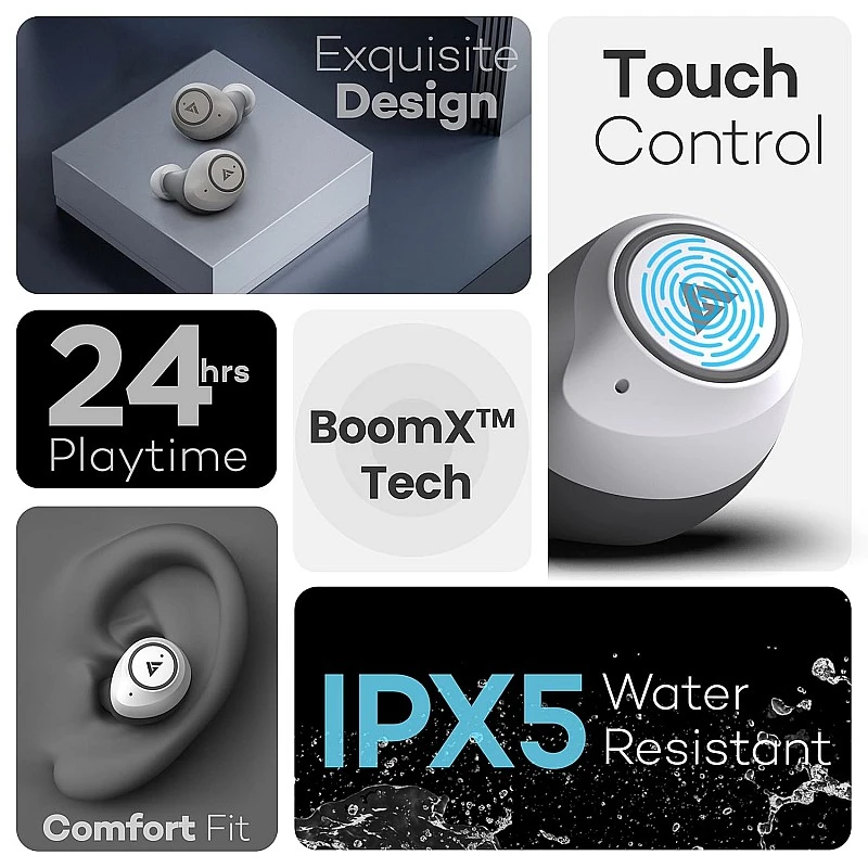 Boult Audio Airbass Q10 Bluetooth Truly Wireless in Ear Earbuds with Mic with 24H Total Playtime, Touch Controls, Ipx5 Water Resistant and Voice Assistant (White) Boult Audio Airbass Q10 Bluetooth Truly Wireless in Ear Earbuds with Mic with 24H Total Playtime, Touch Controls, Ipx5 Water Resistant and Voice Assistant (White)
