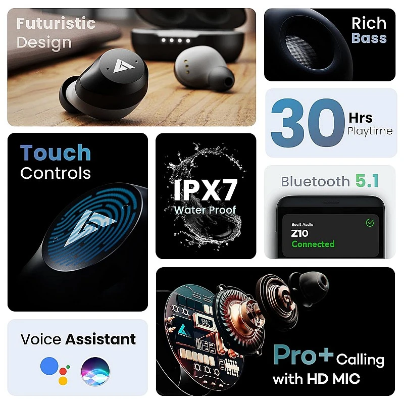 Boult Audio Airbass Z10 Bluetooth Truly Wireless in Ear Earbuds with Mic with 30H Playtime & Fast Charging with Type-C, Ipx7 Fully Waterproof and Voice Assistant (Grey) Boult Audio Airbass Z10 Bluetooth Truly Wireless in Ear Earbuds with Mic with 30H Playtime & Fast Charging with Type-C, Ipx7 Fully Waterproof and Voice Assistant (Grey)