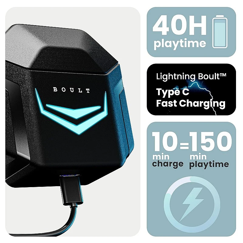 Boult Audio Ammo True Wireless in Ear Earbuds with 40ms Lowest Latency, 40H Playtime, ENC Mic, 13mm Bass Drivers, Interactive LED, Type-C Fast Charging (10Min=150min) Bluetooth Ear Buds Boult Audio Ammo True Wireless in Ear Earbuds with 40ms Lowest Latency, 40H Playtime, ENC Mic, 13mm Bass Drivers, Interactive LED, Type-C Fast Charging (10Min=150min) Bluetooth Ear Buds