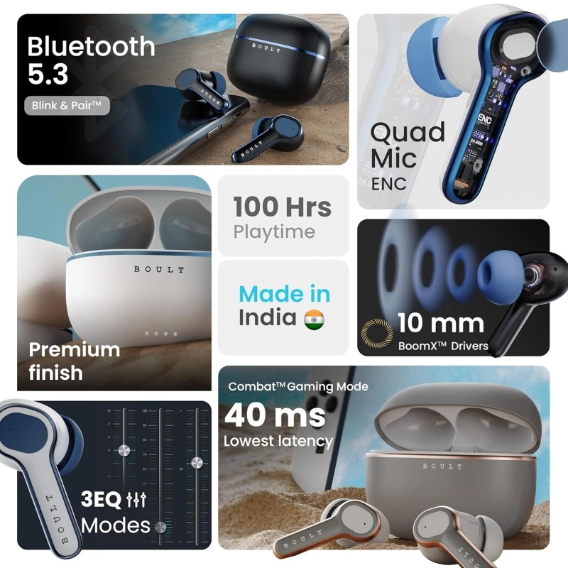 Boult Audio Curve Buds Pro with 100H Playtime, 4 Mics Clear Calling, 40ms Low Latency Gaming, Made in India, Equalizer Modes, Bluetooth 5.3 Blink & Pair™ True Wireless in Ear Earbuds (Beach Rose)